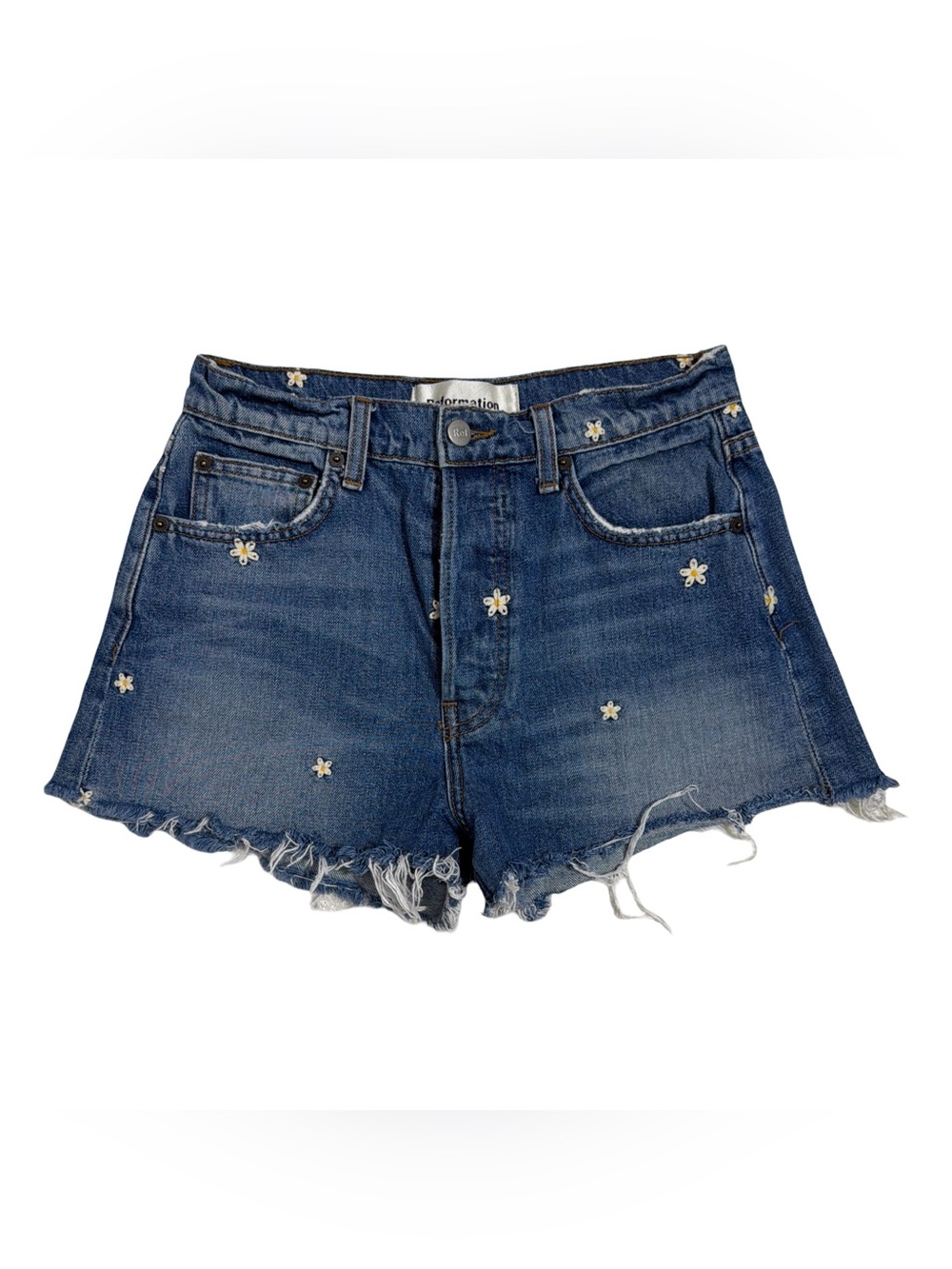 Reformation • Daisy Embroidered Cut Off Rigid Denim Shorts Bryce Wash 25